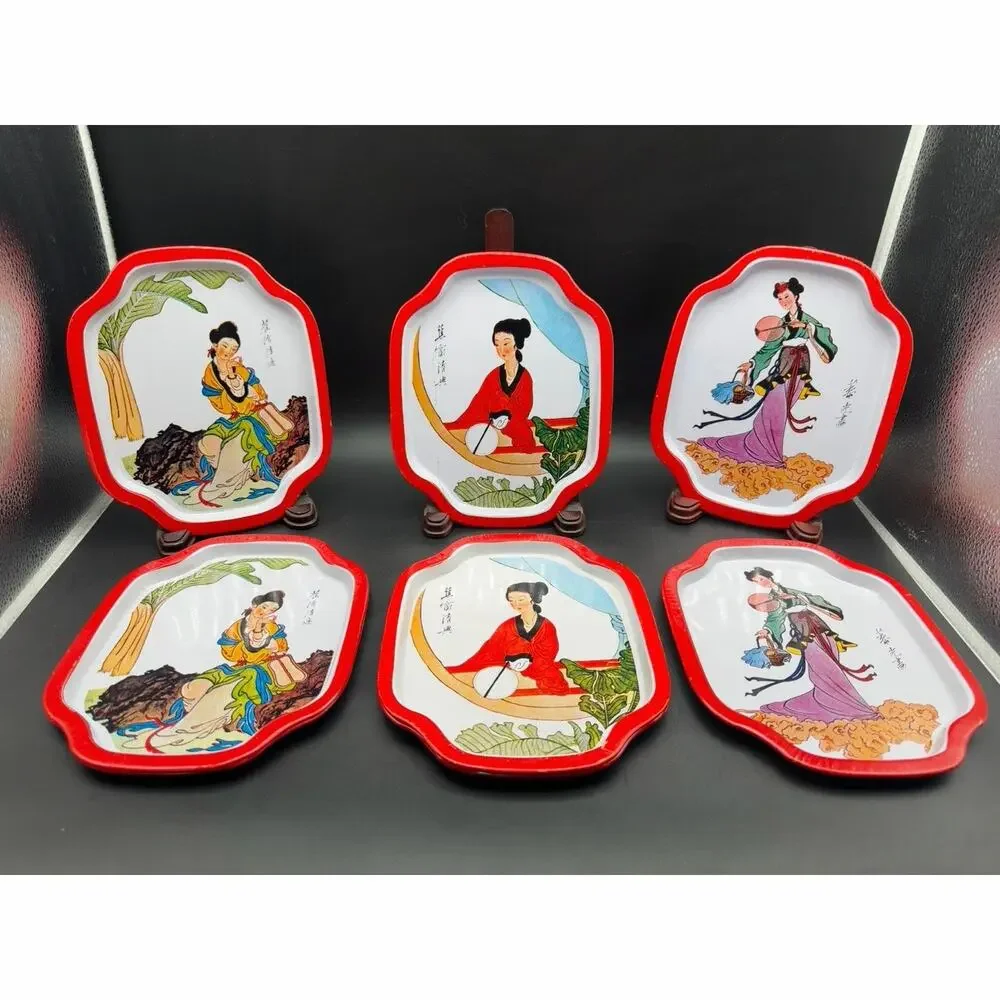 Vintage 1982 Action Industries Chinese Chinoiserie Tin Trays Hong Kong Set 9
